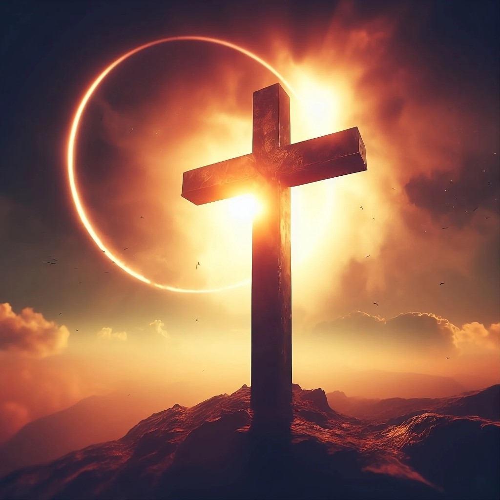 Christian cross on a mountain at sunrise — faith and the Church